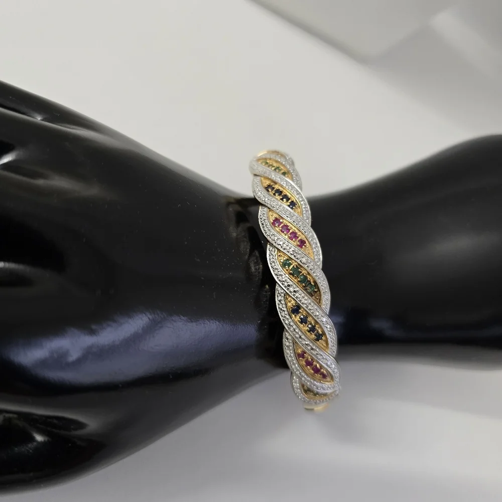 Sterling Silver 925 Multi Gemstone Twisted Bangle Bracelet